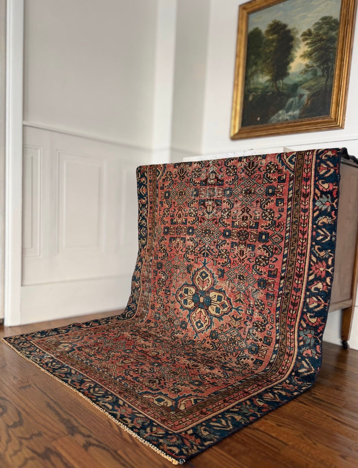 Vintage Sun-Washed Terracotta & Navy Rug 3’9 x 6’2 circa 1950-1970