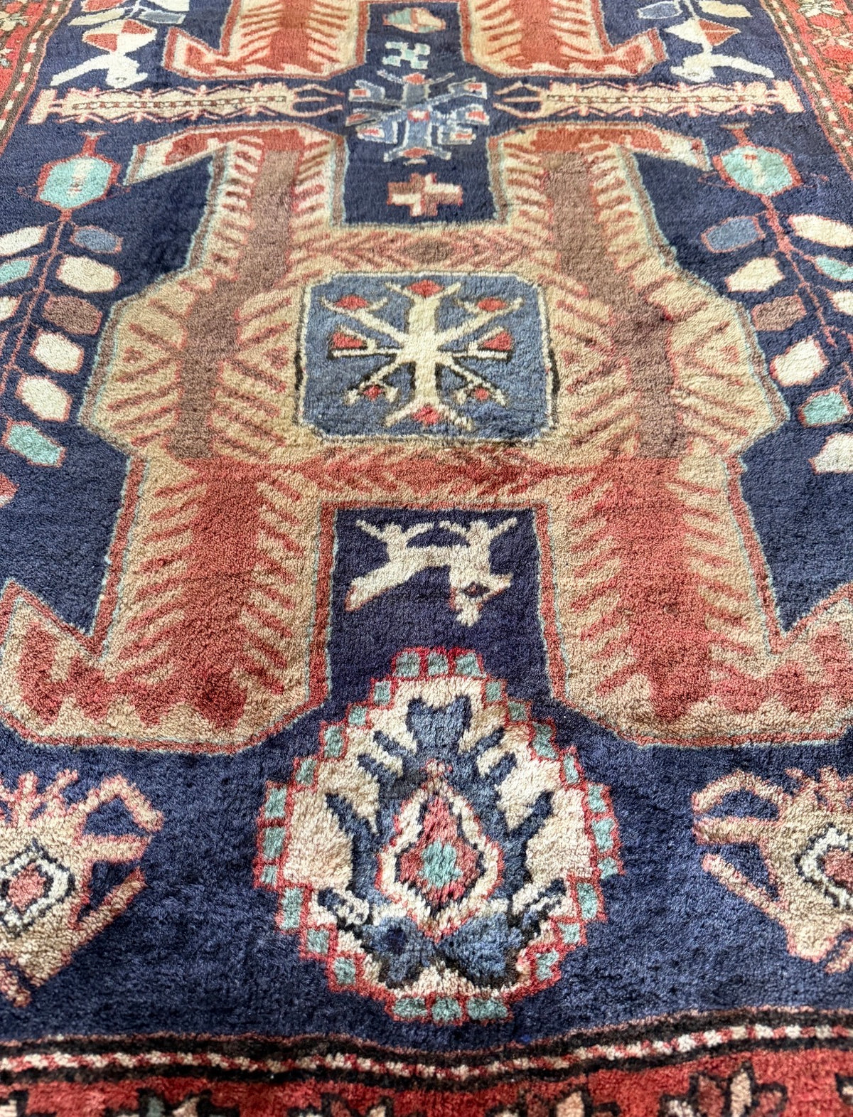 Vintage Indigo Emblem Gallery Rug 4’3 x 10’9 circa 1930- 1940