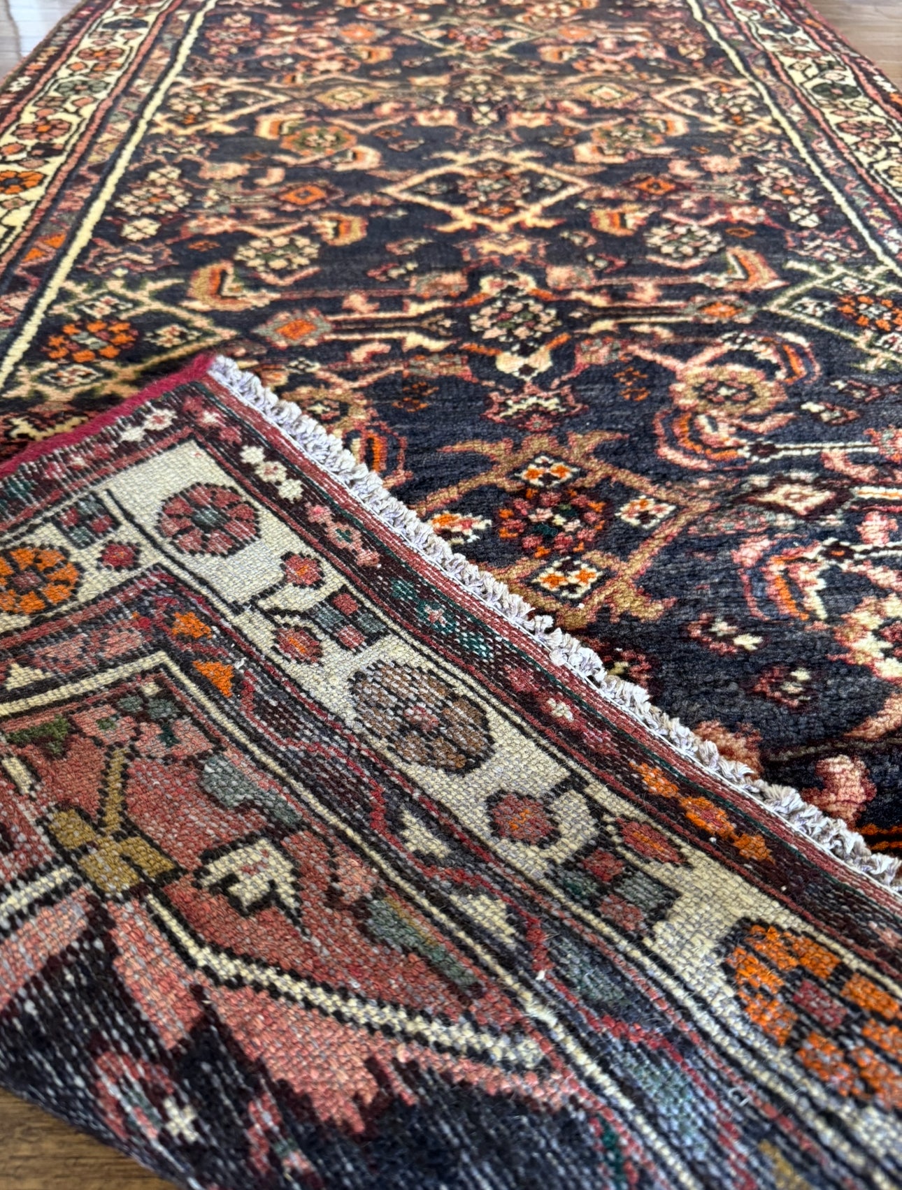 Vintage Midnight Garden Runner 3’ x 13’4 | Circa 1940–1960 | Hand-Knotted Wool