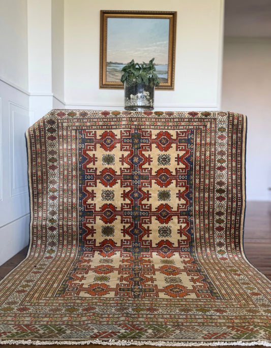 Vintage Cream & Indigo Lattice 4’6 x 6 circa 1940-1960