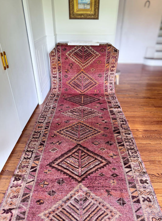 Vintage hand knotted veggie dyed Herki runner 4’6” x 12’10”