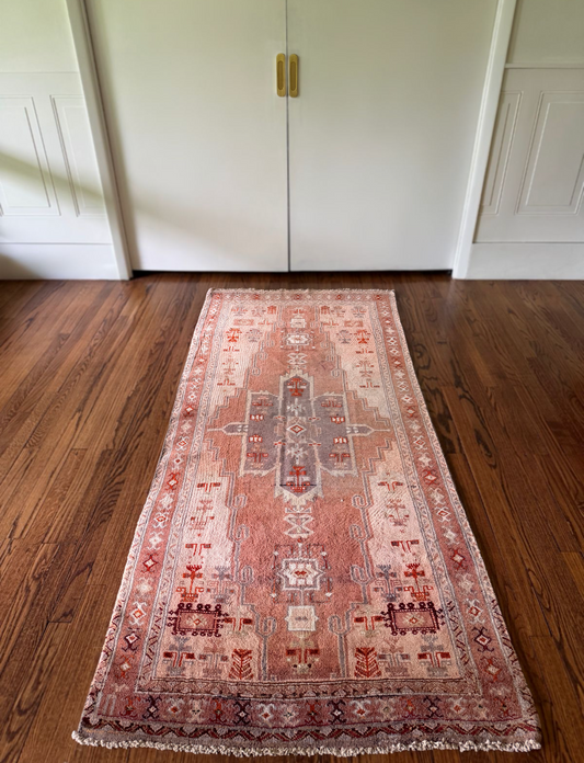 Vintage Oxidized Clay and Coral Anatolian Runner 3’4 x 7’6 Circa 1945-1955
