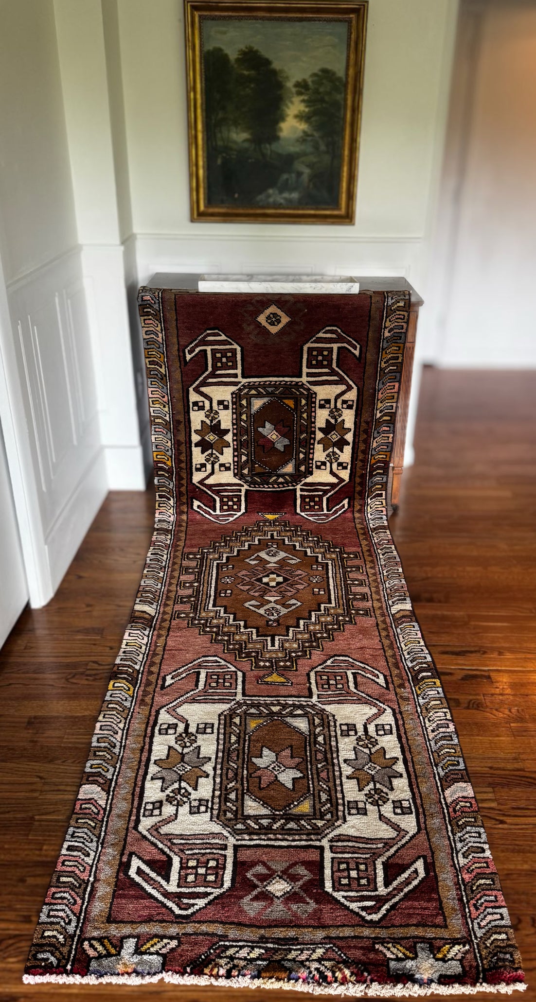 Terracotta & Ivory Cartouche Anatolian Runner – 3’4 x 9’7” circa 1940-1950