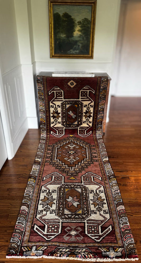 Terracotta & Ivory Cartouche Anatolian Runner – 3’4 x 9’7” circa 1940-1950
