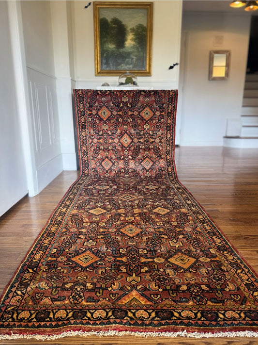 Antique Malayer Tobacco Ember runner 3’6” × 10’1” — Circa 1915–1930