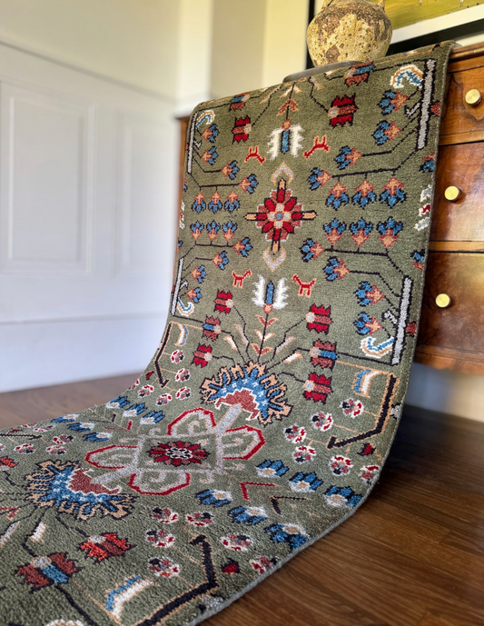 Hand-Knotted Olive Folklore Runner — 2′7″ × 9′10″
