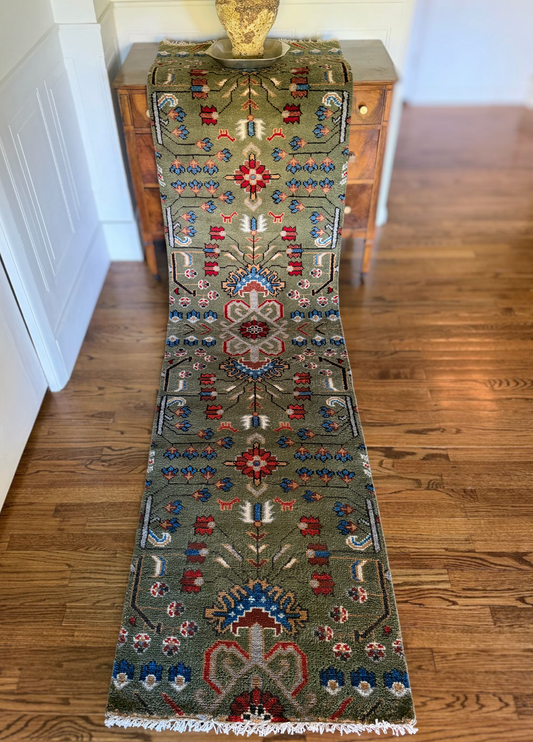 Hand-Knotted Olive Folklore Runner — 2′7″ × 9′10″