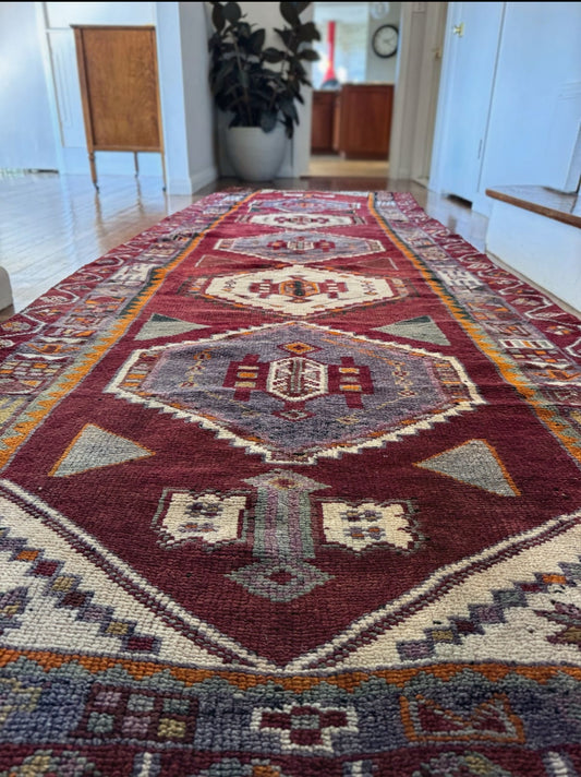 Vintage Handmade Anatolian wool runner 4’ X 12’ 3