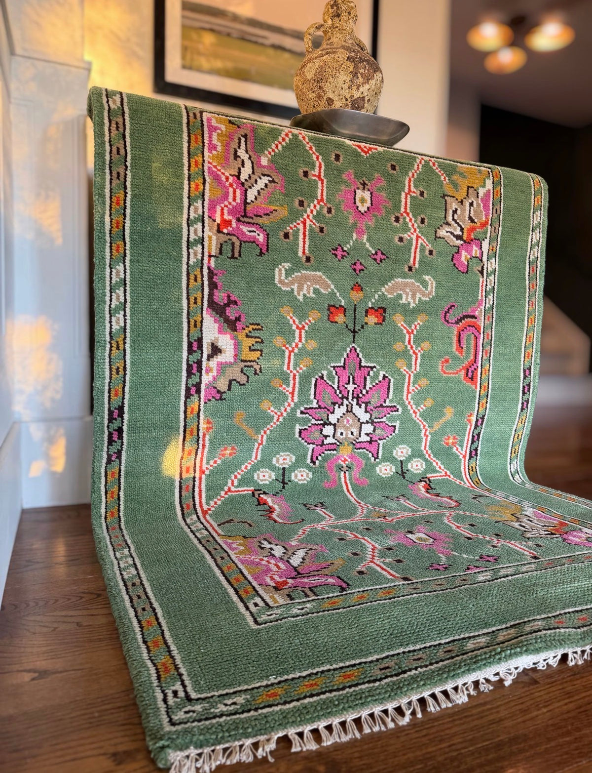 Vintage Celadon Menagerie Rug — 4′ × 6′ circa 1980-1990