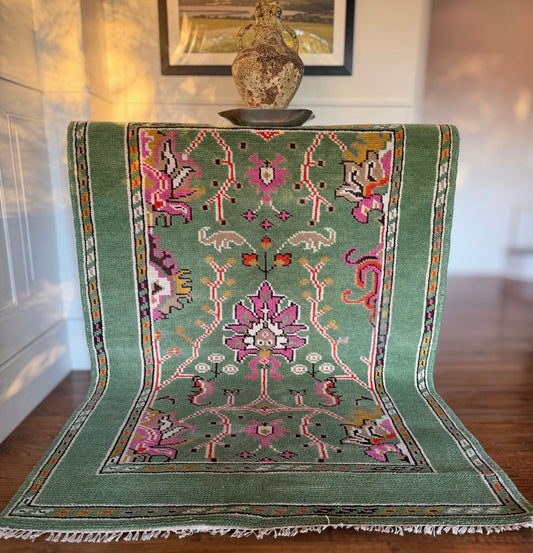 Vintage Celadon Menagerie Rug — 4′ × 6′ circa 1980-1990